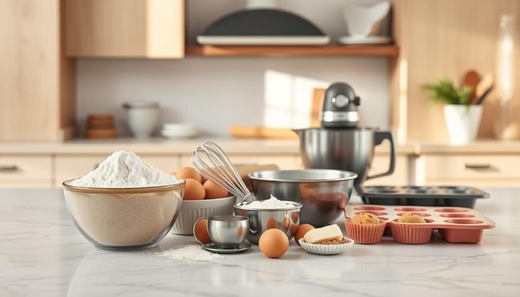 A crisp, white marble countertop serves as the stage for an array of essential baking ingredients and tools. In the foreground, a bowl of flour stands alongside a carton of eggs, a stick of butter, and a sifter. Nestled between them, a whisk and a set of measuring cups add a touch of functionality. In the middle ground, a rolling pin and a mixing bowl hint at the preparation of dough, while a baking tray and a silicone muffin tin evoke the final product. The background is bathed in soft, natural light filtering through a window, casting a warm glow over the scene and highlighting the wooden tones of the cabinetry and shelving. The overall atmosphere is one of cozy, minimalist elegance, perfectly suited for the creation of delectable protein-packed breakfast muffins.
