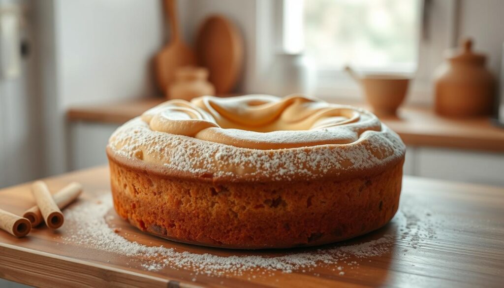 A decadent coffee cake, fresh from the oven, sits atop a wooden counter in a cozy, minimal kitchen. The cake's golden-brown crust is dusted with a light layer of powdered sugar, hinting at the rich, buttery crumb within. Delicate swirls of cinnamon glaze wind their way across the surface, adding pops of warm, spiced flavor. Soft natural light filters in through a nearby window, casting a gentle glow on the scene and accentuating the cake's inviting texture. The overall mood is one of comforting indulgence, perfectly suited for a leisurely weekend breakfast or an indulgent mid-morning treat.