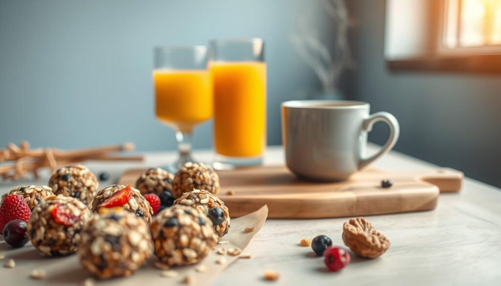 A delectable and nutritious breakfast scene set in a cozy, minimalist kitchen. The foreground features an artfully arranged spread of energy bites in earthy tones, bursting with wholesome ingredients like oats, berries, nuts, and honey. The middle ground showcases a glass of freshly squeezed orange juice and a sleek ceramic mug filled with steaming coffee, all atop a wooden cutting board. The background gently fades into soft blue-tinted walls, accentuating the natural, calming ambiance. Warm, diffused lighting casts a golden glow, highlighting the textures and vibrant colors of this quick, healthy breakfast scene.