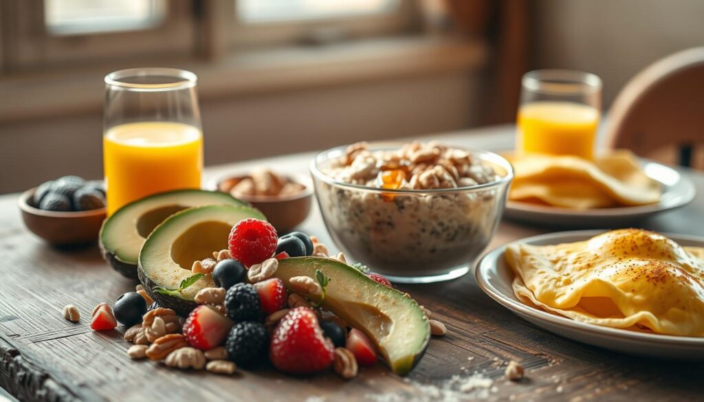 A delectable arrangement of breakfast power foods on a rustic wooden table, bathed in warm, natural light from a nearby window. In the foreground, a mix of creamy avocado, vibrant berries, and crunchy nuts. In the middle, a hearty bowl of oatmeal topped with a drizzle of honey and a sprinkle of cinnamon. In the background, a glass of freshly squeezed orange juice and a plate of fluffy scrambled eggs. The scene exudes a sense of simplicity, nourishment, and mental clarity, perfectly complementing the 