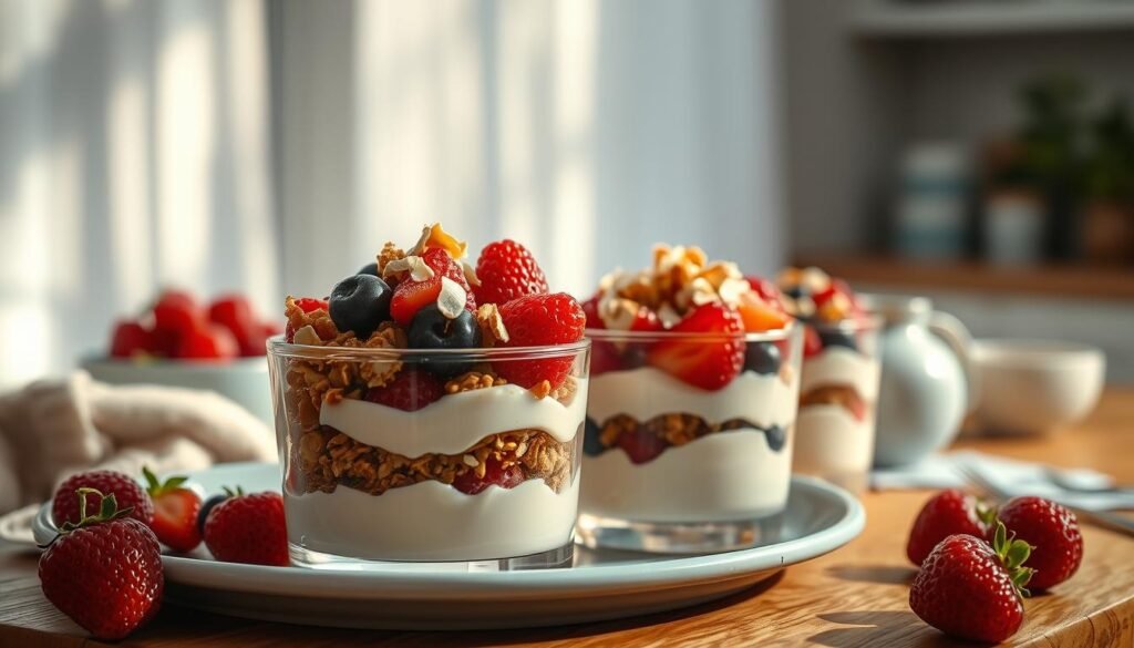 A delectable arrangement of homemade granola clusters, fresh berries, and creamy yogurt parfait in a cozy, minimalist kitchen setting. Sunlight filters through sheer curtains, casting a warm glow on the wooden surfaces and light blue accents. Carefully arranged toppings, such as toasted coconut flakes, chopped nuts, and a drizzle of honey, add texture and depth to the parfait layers. The composition emphasizes the vibrant colors and natural ingredients, inviting the viewer to savor the wholesome, satisfying breakfast.