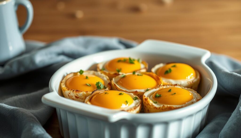 A delectable arrangement of oven-baked egg cups, nestled in a pristine white ceramic dish, set against a backdrop of warm, wooden textures and muted blue accents. The eggs, perfectly cooked with golden centers, are embellished with a sprinkle of fresh herbs, creating a visually appealing and appetizing scene. Soft, indirect lighting illuminates the scene, casting gentle shadows and highlighting the inviting nature of these keto-friendly breakfast meal prep cups, ready to nourish and delight.