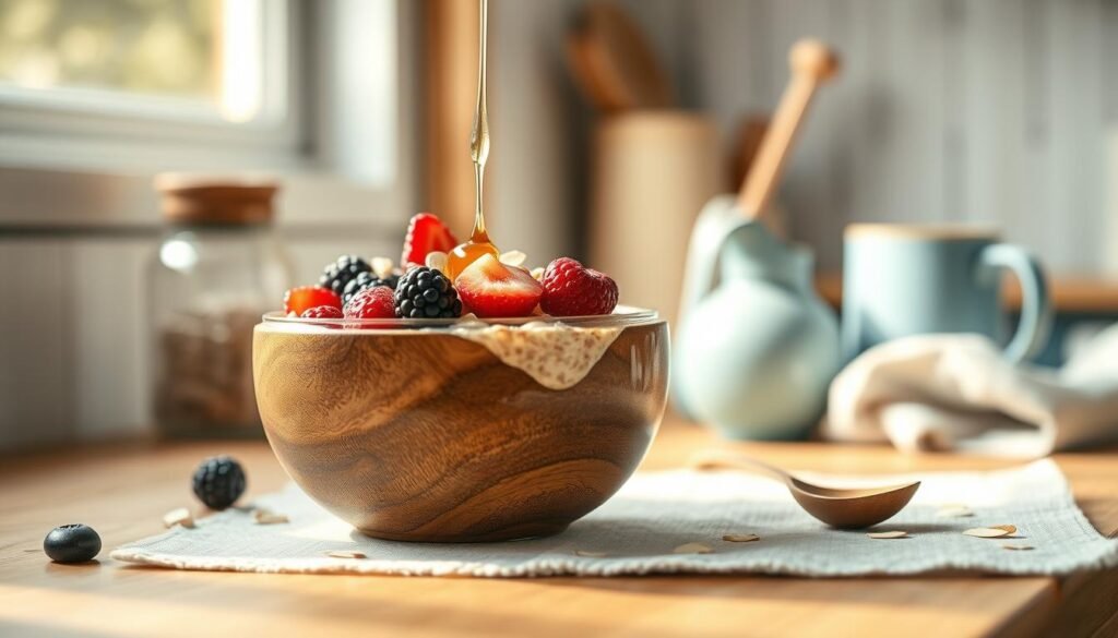 A delectable arrangement of overnight oats in a rustic wooden bowl, garnished with fresh berries, drizzled with honey, and sprinkled with slivered almonds. The scene is bathed in soft, natural light filtering through a nearby window, casting a warm glow on the dairy-free breakfast. The minimal, cozy kitchen setting features wooden textures and light blue accents, creating a serene and inviting atmosphere. The camera captures the layers of the recipe, showcasing the textural contrast and vibrant colors that make this dairy-free breakfast meal prep so appealing.