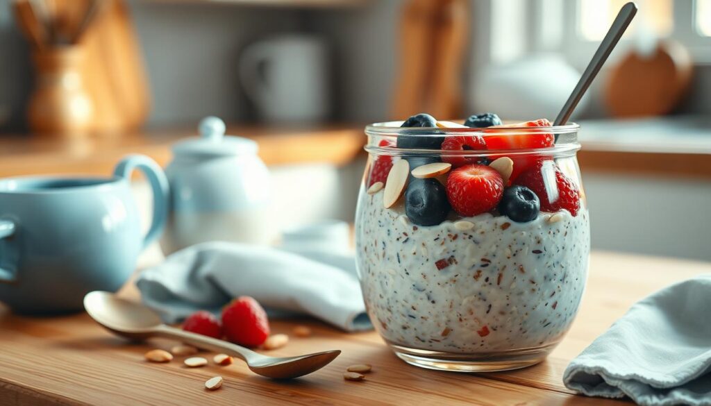 A delectable arrangement of overnight oats, meticulously crafted in a cozy, minimal kitchen. The oats, soaked in almond milk, are topped with a drizzle of honey, sliced almonds, and fresh berries, creating a visually appealing and nutritious breakfast. The scene is bathed in warm, natural lighting, highlighting the textures of the wooden surfaces and the light blue accents that add a calming ambiance. The overall composition exudes a sense of simplicity and healthfulness, perfectly capturing the essence of a nourishing start to the day.