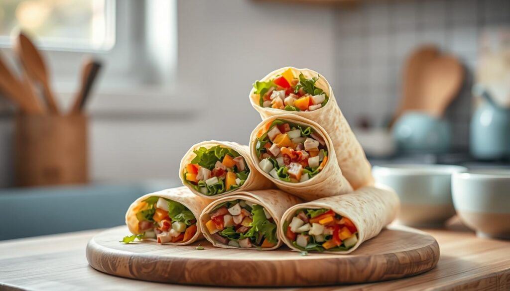 A delectable arrangement of tortilla roll-ups, freshly assembled in a cozy, minimal kitchen. Crisp, golden-brown tortillas are meticulously rolled around a vibrant medley of diced vegetables, savory meats, and creamy cheese. The soft, pliable wraps are artfully arranged on a wooden cutting board, their layers visible to entice the senses. Soft, diffused lighting from a nearby window creates a warm, inviting atmosphere, accentuating the appetizing colors and textures. The minimalist setting, with light blue accents and natural wooden surfaces, allows the starring tortilla roll-ups to shine as the star of the scene, ready to be savored as a delightful no-heat lunchbox option.