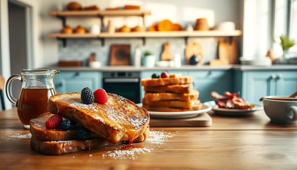 A delectable array of French toast recipes displayed on a wooden table, bathed in warm, natural lighting. In the foreground, thick slices of golden-brown toast drizzled with maple syrup and adorned with fresh berries, cinnamon, and powdered sugar. In the middle ground, a stack of fluffy, custard-dipped toast accompanied by a pitcher of syrup and a plate of crisp bacon. In the background, an open kitchen with light blue cabinetry and floating shelves showcasing artfully arranged breads, jams, and other brunch essentials. The overall scene evokes a cozy, inviting atmosphere perfect for a leisurely weekend French toast-fueled gathering.