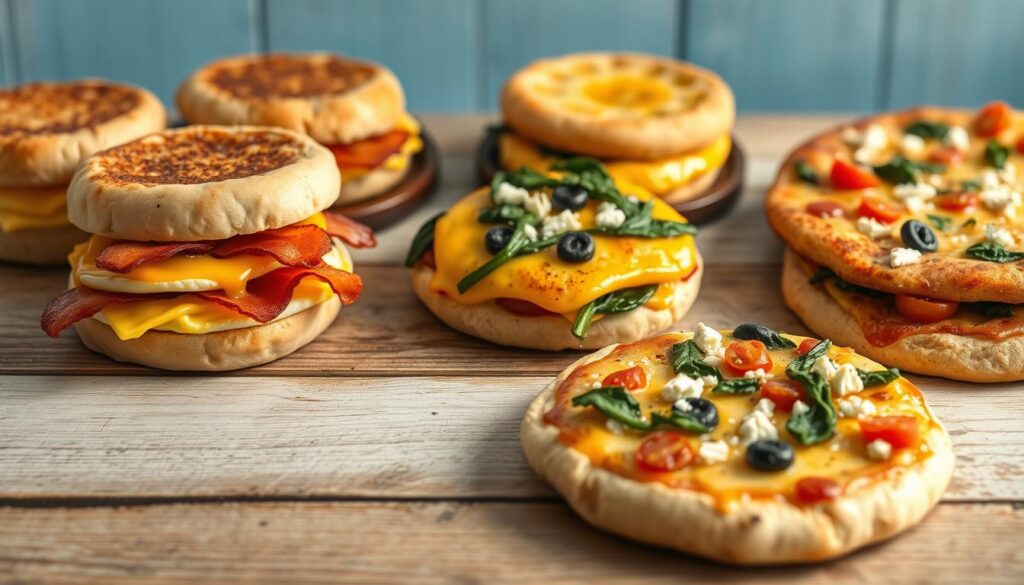 A delectable array of egg-based breakfast sandwiches and personal-sized breakfast pizzas, artfully arranged on a rustic wooden table against a backdrop of light blue accents. The sandwiches feature fluffy scrambled eggs, crisp bacon, and melted cheddar cheese between toasted English muffins. The pizzas showcase a variety of toppings like sautéed spinach, roasted tomatoes, and crumbled feta, all baked to golden-brown perfection. Soft natural lighting casts a warm glow, highlighting the inviting textures and mouthwatering details. The overall scene exudes a cozy, home-cooked atmosphere, perfectly capturing the essence of the 