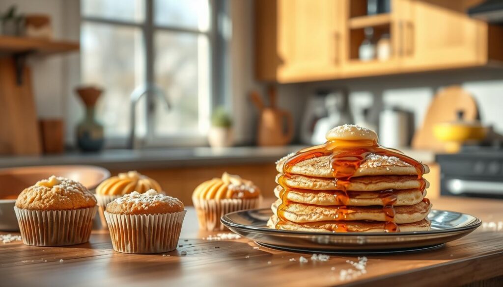 A delectable array of freshly baked protein muffins and pancakes, nestled on a wooden table in a cozy kitchen bathed in gentle natural light. The muffins, golden-crowned and lightly dusted with powdered sugar, sit alongside fluffy pancakes drizzled with rich maple syrup. Wooden accents and light blue hues create a warm, inviting atmosphere, underscoring the nourishing, energizing nature of these power-packed breakfast treats.