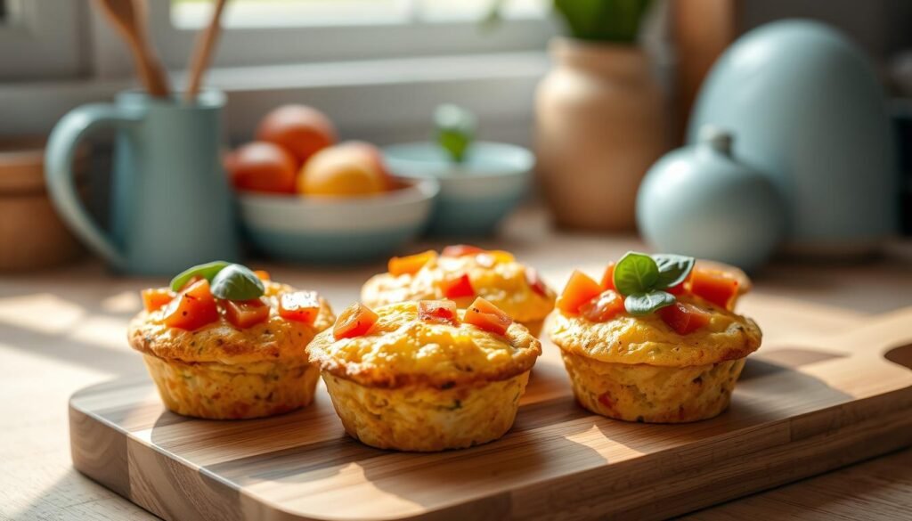 A delectable assortment of fluffy egg muffins, nestled on a wooden cutting board, brimming with vibrant vegetables. The golden-brown cups are topped with diced bell peppers, cherry tomatoes, and fresh spinach leaves, exuding a tantalizing aroma in the cozy, minimalist kitchen. Soft natural light filters through the window, casting a warm glow and highlighting the textural details of the wooden surfaces and light blue accents. The scene radiates a sense of nourishment and simplicity, perfectly capturing the essence of a quick, nutritious egg-based creation.