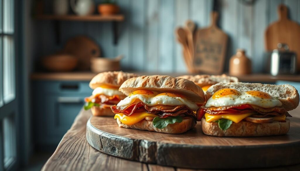 A delectable assortment of freshly prepared breakfast sandwiches, beautifully arranged on a rustic wooden table in a cozy, minimal kitchen. The sandwiches feature fluffy eggs, crisp bacon, melted cheese, and aromatic herbs, all nestled between toasted artisanal bread. Soft, natural lighting illuminates the scene, casting a warm, inviting glow. The background is subtly accentuated with light blue accents, complementing the wooden textures and creating a harmonious, artisanal atmosphere.
