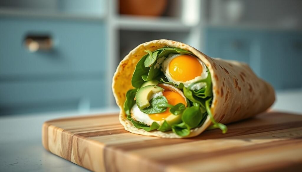 A delectable avocado egg spinach breakfast wrap nestled on a wooden cutting board, bathed in soft, natural lighting. The wrap's vibrant green spinach leaves and creamy avocado mingle with the fluffy, golden-brown egg, all wrapped in a crisp, toasted tortilla. The minimal kitchen setting features light blue accents, creating a calming, health-focused ambiance. The camera angles capture the wrap's tempting layers and textures, inviting the viewer to savor this nutrient-dense morning meal.