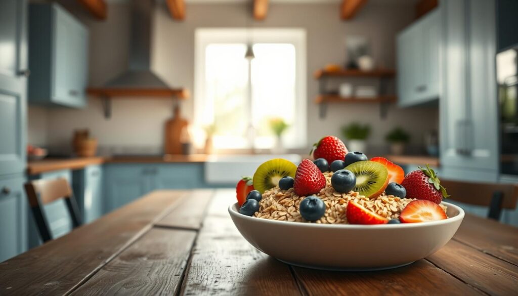 A delectable breakfast of golden oats, vibrant strawberries, blueberries, and kiwi slices artfully arranged on a rustic wooden table. Soft natural light filters through a nearby window, casting a warm glow across the scene. The minimalist kitchen backdrop features light blue cabinetry and exposed wooden beams, creating a serene, inviting atmosphere. The focus is on the fresh, wholesome ingredients, showcasing their vibrant colors and textures. No distracting elements, the image captures the essence of a nourishing, low-sugar breakfast that supports weight management through the incorporation of whole grains and fresh fruits.
