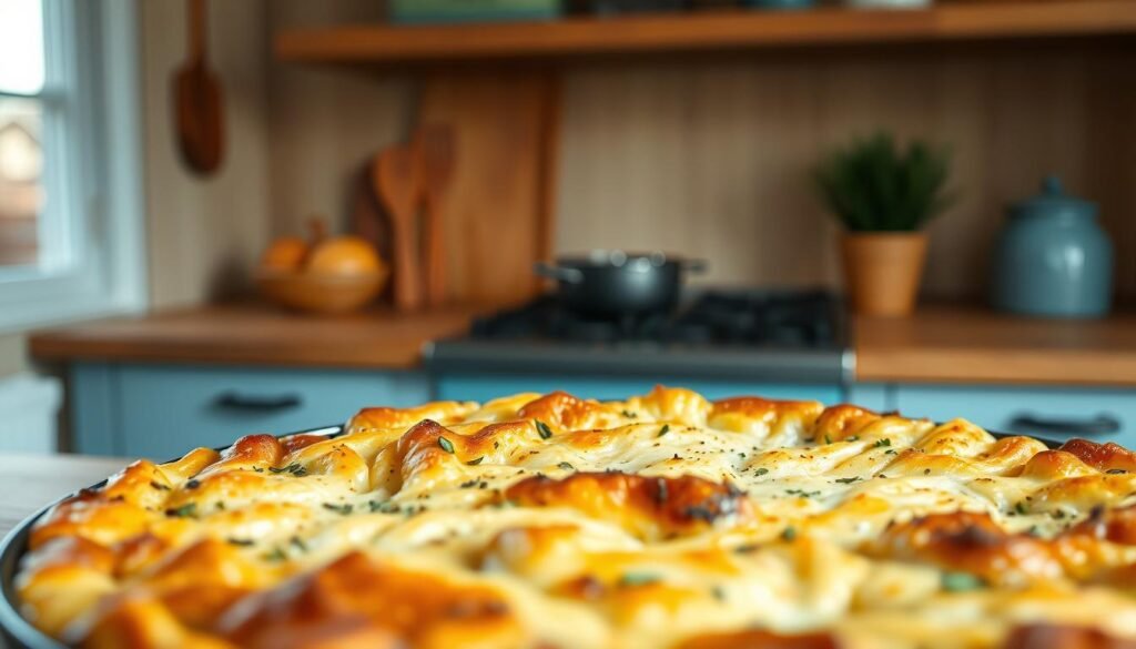 A delectable casserole brimming with layers of textures and flavors, nestled in a cozy, minimal kitchen environment. The foreground showcases an inviting, golden-brown crust, flecked with herbs and spices, while the middle ground reveals a sumptuous filling of tender vegetables, rich dairy, and savory meats. In the background, the wooden textures of the countertops and cabinets create a warm, rustic ambiance, complemented by the soft blue accents that lend a touch of serenity. Soft, directional lighting accentuates the casserole's enticing details, drawing the viewer's attention to its tempting texture and flavor.