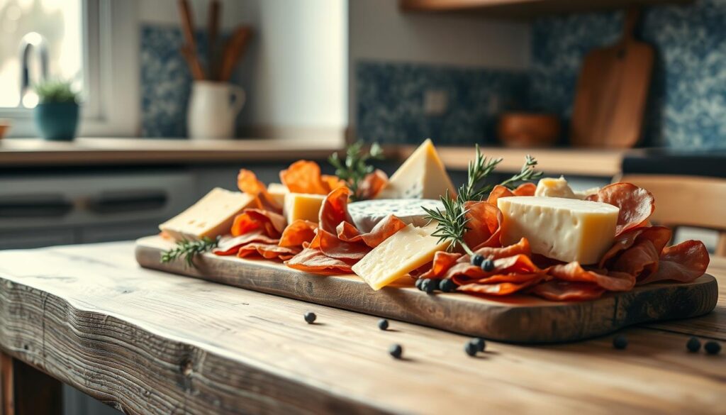 A delectable cheese charcuterie board artfully arranged on a rustic wooden table in a cozy, minimalist kitchen. The board features a selection of creamy brie, sharp cheddar, and tangy goat cheese, complemented by savory salami, prosciutto, and paper-thin slices of dried sausage. Sprigs of fresh thyme, rosemary, and cracked black peppercorns add pops of color and aroma. The natural light filters in through the window, casting a warm, inviting glow on the scene. Subtly textured blue accents in the background create a sense of calm and balance.