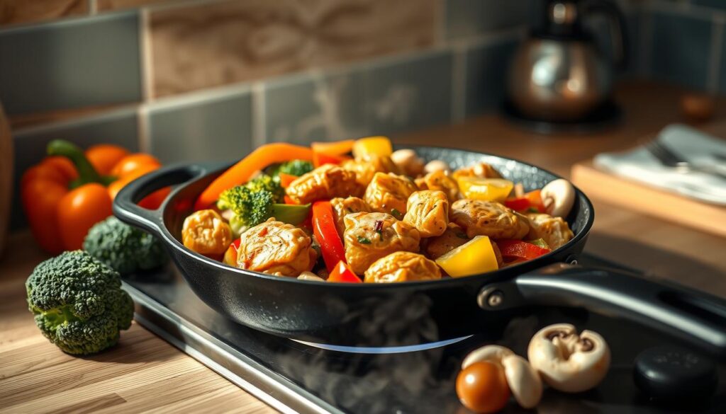 A delectable chicken stir fry sizzles on a cast-iron skillet, surrounded by an array of fresh vegetables - juicy bell peppers, crisp broccoli florets, and tender mushrooms. The aroma of garlic, ginger, and soy sauce fills the air in a cozy, minimal kitchen environment with warm wooden textures and light blue accents. The stir fry is illuminated by soft, diffused lighting that casts an inviting glow, highlighting the dish's vibrant colors and mouthwatering appearance. The scene exudes a sense of simplicity and health, perfectly capturing the essence of a satisfying, nutrition-packed lunch meal prep stir fry.