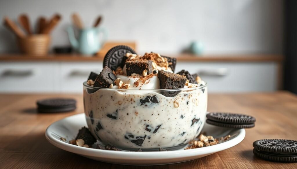 A delectable close-up of a serving of cookies and cream overnight oats, meticulously crafted with creamy yogurt, rolled oats, and chunks of Oreo-style cookies, garnished with a light dusting of cocoa powder. The dish is presented on a wooden table with a minimal, cozy kitchen setting in the background, featuring light blue accents that complement the warm, earthy tones. Soft, diffused lighting casts a gentle glow, creating an inviting and appetizing atmosphere that captures the essence of this indulgent breakfast recipe.
