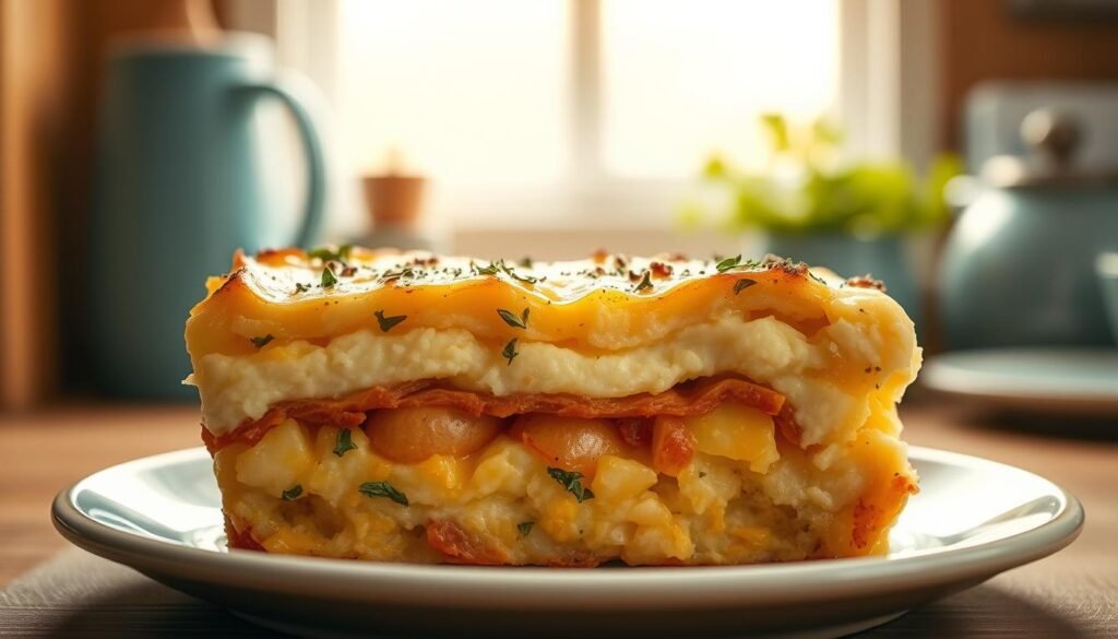 A delectable cross-section of a hearty, make-ahead breakfast casserole, showcasing distinct layers of fluffy eggs, crisp breakfast potatoes, and aromatic herbs. The casserole sits nestled in a cozy, minimal kitchen setting, with warm wooden textures and soft blue accents creating a calming, inviting atmosphere. The lighting is warm and natural, casting a gentle glow over the casserole, highlighting its inviting texture and enticing colors. The camera angle provides a close-up, detailed view, allowing the viewer to fully appreciate the casserole's enticing layers and flavors.