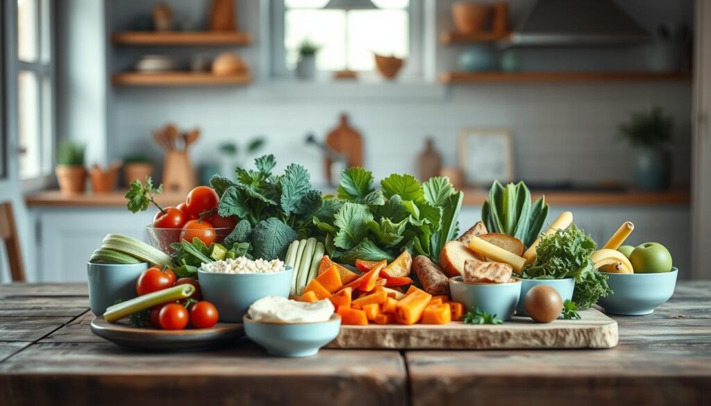 A delectable display of a weekly paleo meal plan, meticulously arranged on a rustic wooden surface in a cozy, minimalist kitchen. Fresh vegetables, lean proteins, and vibrant fruits create a visually appealing and nourishing tableau, with light blue accents providing a soothing contrast. The composition is artfully balanced, with a sense of harmony and simplicity that reflects the clean eating ethos of the paleo lifestyle. Soft, diffused lighting casts a warm glow, inviting the viewer to envision the delicious and nutritious meals that can be prepared in advance for a healthy, satisfying breakfast.