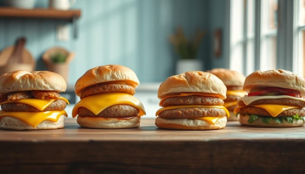 A delectable display of breakfast sandwiches from leading brands, artfully arranged on a rustic wooden table in a cozy, minimalist kitchen. Soft, buttery biscuits, golden-brown sausage patties, and gooey melted cheese stand out against the light blue-accented backdrop, creating a mouthwatering tableau. Gentle natural lighting casts a warm, inviting glow, highlighting the texture and craftsmanship of each sandwich. The scene conveys a sense of comfort and culinary excellence, perfectly suited to showcase these top-tier breakfast options.