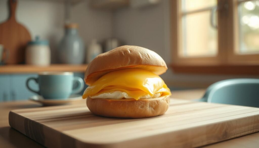 A delectable egg and cheese breakfast sandwich nestled on a soft, toasted brioche bun, glistening with a light sheen in the warm, natural lighting that filters in through a nearby window. The sandwich sits atop a wooden cutting board, surrounded by a cozy, minimal kitchen environment with light blue accents. The scene exudes a sense of comfort and simplicity, inviting the viewer to imagine the satisfying flavors and textures of this homemade breakfast treat.