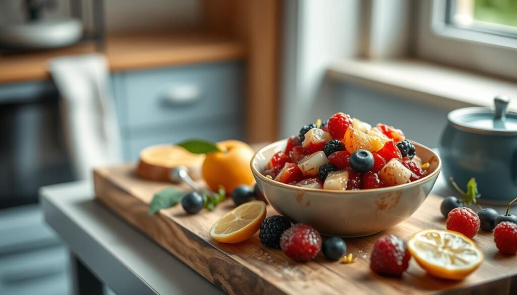 A delectable fruit compote with a vibrant array of berries, ripe stone fruits, and a hint of citrus zest, artfully arranged on a rustic wooden cutting board. Soft lighting from a nearby window casts a warm glow, accentuating the natural textures and colors. The compote is presented in a simple, elegant ceramic bowl, complementing the minimalist, cozy kitchen setting with its light blue accents and wooden surfaces. The overall composition exudes a sense of homemade, wholesome goodness, perfectly suited to adorn a French toast dish.