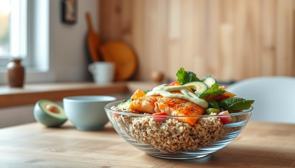 A delectable high-protein fish bowl in a cozy, minimalist kitchen. In the foreground, a vibrant mix of baked salmon, fluffy quinoa, crisp vegetables, and a creamy avocado dressing. Middle ground showcases a sleek glass bowl on a wooden table, with light blue accents complementing the natural tones. Soft, diffused lighting casts a warm, inviting glow, while the background features simple wooden textures, creating a calming, harmonious atmosphere. This visually appealing and nourishing lunch prep bowl is a testament to the flavors and convenience of high-protein fish dishes.