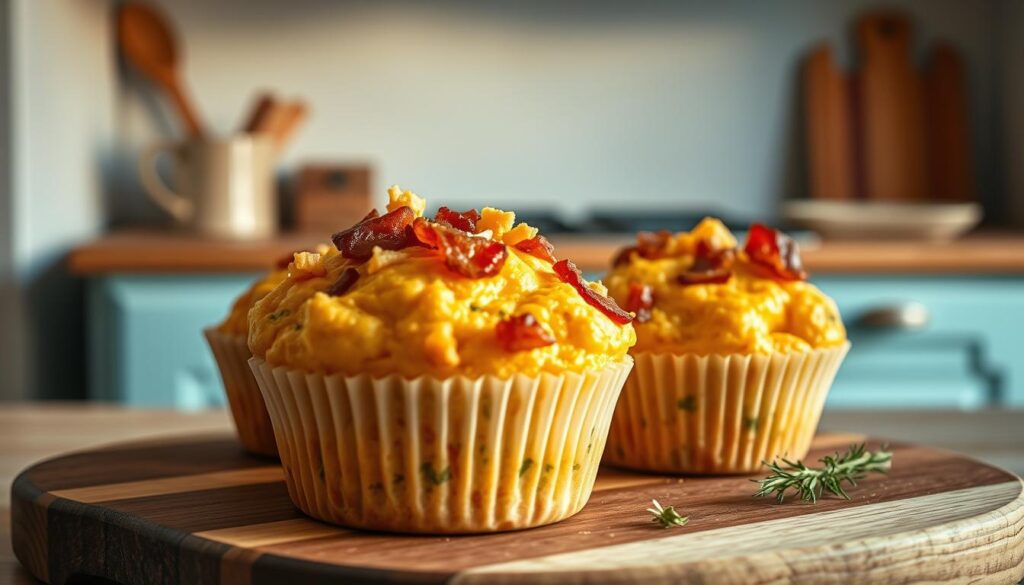 A delectable, high-protein keto breakfast composed of fluffy, golden-brown muffins, nestled atop a wooden cutting board. The muffins are filled with savory ingredients like crumbled bacon, shredded cheddar, and aromatic herbs, all bathed in a warm, soft light that creates a cozy, inviting atmosphere. The kitchen backdrop features clean, light blue-accented walls and natural wooden textures, adding to the overall rustic, minimalist aesthetic. The camera angle is slightly elevated, capturing the muffins in a tempting, appetizing display.