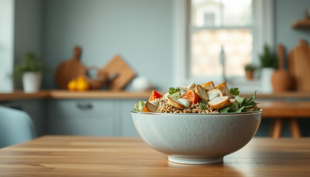 A delectable nutrient-balanced lunch bowl rests on a clean, wooden table in a cozy kitchen. The bowl overflows with a vibrant medley of roasted vegetables, quinoa, and grilled chicken, all bathed in a creamy, herb-infused dressing. Soft, ambient light filters through a nearby window, casting a warm glow on the scene. The minimalist, light blue accents provide a calming contrast, inviting the viewer to savor every nourishing bite. This visually appealing and well-composed image showcases a wholesome, homemade meal that is sure to fuel and inspire.