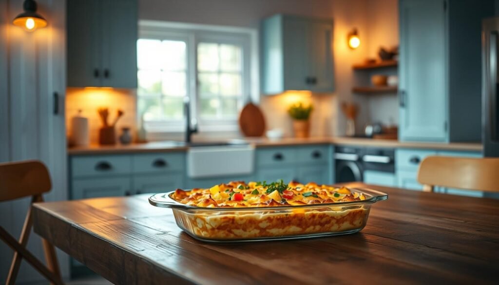 A delectable overnight breakfast casserole sits invitingly on a rustic wooden table, nestled in a cozy, minimalist kitchen. The dish's golden-brown crust and aromatic steam beckon, while fresh herbs and diced vegetables add vibrant pops of color. Warm lighting from sconces casts a soft, welcoming glow, accentuating the clean, light blue cabinetry and natural wood textures that define the space. The scene exudes a sense of comfort and anticipation, perfectly capturing the essence of a make-ahead breakfast casserole perfect for family gatherings.