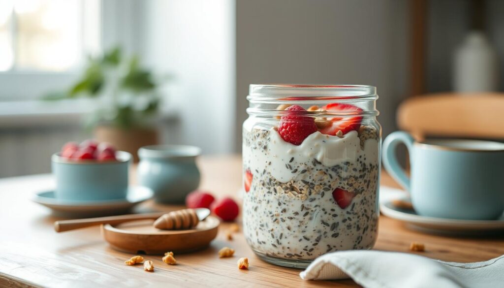 A delectable overnight oats dish, bursting with a protein-packed blend of rolled oats, Greek yogurt, chia seeds, and a drizzle of honey. The textured oats are nestled in a glass jar, reflecting the soft natural light filtering through a nearby window. The setup is staged on a wooden table, accentuated by light blue ceramic accents, creating a cozy, minimalist ambiance. The camera angle captures the dish at an eye-level perspective, highlighting the rich, creamy texture and the vibrant toppings of fresh berries and toasted nuts. The overall mood evokes a sense of nourishment and wellness, perfectly suited to introduce this protein-focused breakfast recipe.