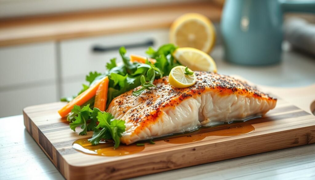 A delectable salmon meal, artfully arranged on a wooden cutting board, with a vibrant medley of steamed vegetables, crisp greens, and a drizzle of lemon-infused olive oil. The fish, with its flaky, tender texture and seared, golden crust, takes center stage, surrounded by a serene kitchen setting of light blue accents and natural wooden hues. Soft, diffused lighting casts a warm glow, highlighting the nutritious bounty and creating an atmosphere of calm simplicity. The scene conveys the benefits of a high-protein salmon lunch prep - a wholesome, satisfying meal that nourishes both body and mind.