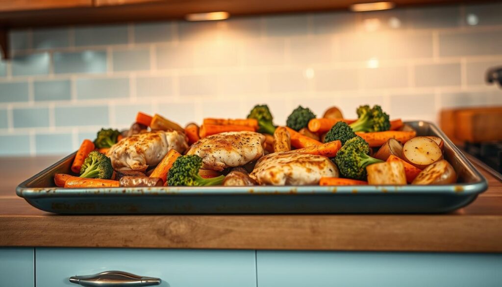 A delectable sheet pan dinner featuring a medley of roasted vegetables - vibrant carrots, tender broccoli, and golden potatoes - nestled alongside succulent chicken thighs. Bathed in a warm, earthy glow from the overhead lighting, the scene exudes a comforting, home-cooked ambiance. The rustic wooden countertops and light blue accent tiles create a minimalist, yet inviting kitchen space, allowing the simply prepared meal to take center stage. Capturing the essence of effortless, one-pan cooking, this image perfectly illustrates the convenience and ease of the "One Pan Method for Easy Cleanup."