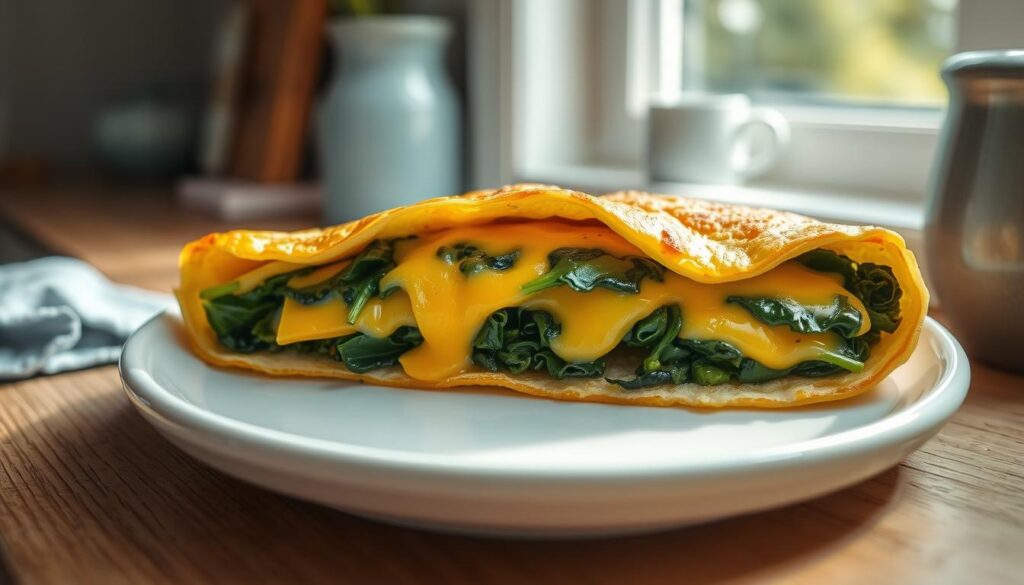 A delectable spinach and cheese omelet, perfectly folded and golden-brown, rests on a white ceramic plate. The soft, fluffy eggs are filled with vibrant green spinach leaves and melted cheddar cheese, creating a tantalizing contrast of flavors and textures. The omelet is illuminated by soft, natural light filtering through a nearby window, casting a warm, inviting glow over the cozy, minimal kitchen environment. Wooden textures on the countertop and light blue accents in the decor add to the soothing, homely atmosphere. No hand is visible, allowing the focus to remain solely on the nourishing and satisfying breakfast dish.