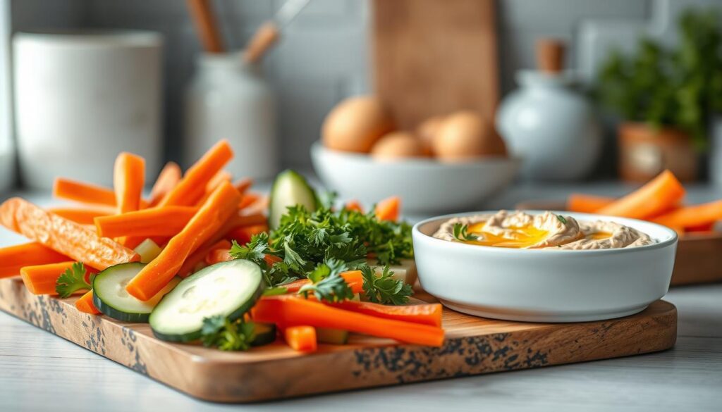 A delectable spread of homemade Mediterranean hummus, drizzled with fragrant olive oil and adorned with vibrant chopped parsley, nestled on a rustic wooden board. Complemented by an assortment of fresh, crunchy vegetables - sliced carrots, cucumber spears, and crisp bell pepper strips - inviting a healthy, no-heat lunchbox meal. The scene set in a cozy, minimal kitchen, with light blue accents and warm, natural wooden textures, bathed in soft, diffused lighting that enhances the vibrant colors and textures of the ingredients.