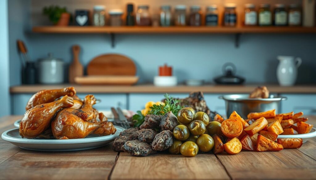 A delectable spread of savory dinner options rests on a wooden table in a cozy, minimalist kitchen. Juicy roasted chicken, tender beef tips, and crisp-edged roasted vegetables, like Brussels sprouts and sweet potatoes, fill the scene. Soft, warm lighting casts a gentle glow, creating an inviting atmosphere. Glass jars of herbs and spices line the shelves, hinting at the rich flavors that have gone into these wholesome, diabetic-friendly dishes. The clean, light blue accents and natural textures evoke a sense of balance and tranquility, perfect for rounding out a day of healthy, blood sugar-conscious meal prep.