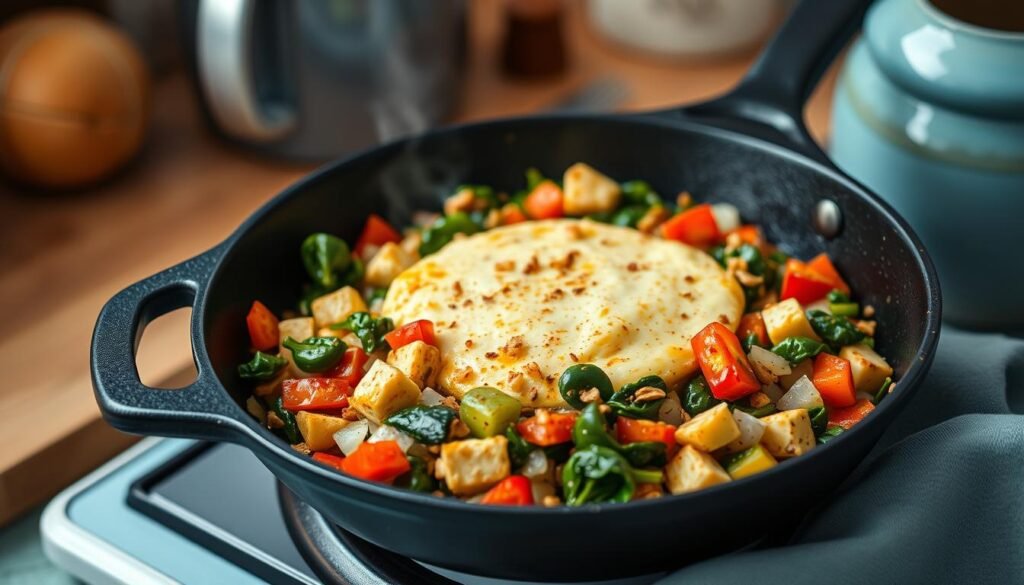 A delectable tofu scramble with vibrant vegetables sizzles in a cast-iron skillet, set against a cozy, minimal kitchen backdrop. Diced onions, bell peppers, and spinach dance in the pan, infused with aromatic spices. The creamy, golden tofu takes center stage, its texture resembling fluffy, scrambled eggs. Warm, wooden textures and light blue accents create a calming, artisanal atmosphere, inviting the senses. Soft, natural lighting casts a gentle glow, heightening the dish's appetizing appeal. The entire scene exudes a sense of nourishment and wellness, perfectly capturing the essence of a savory, plant-based breakfast.