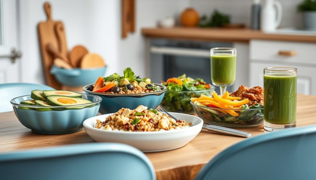 A delectable vegetarian vegan meal prep display, artfully arranged on a wooden table in a cozy, minimalist kitchen. A variety of fresh, colorful plant-based dishes take center stage, including a hearty grain bowl with roasted vegetables, a creamy avocado and tofu salad, and a vibrant green smoothie. Soft blue accents complement the natural wooden textures, creating a calming, inviting atmosphere. The lighting is soft and warm, accentuating the appetizing presentation of these nourishing, plant-powered meals, ready to fuel the day ahead.