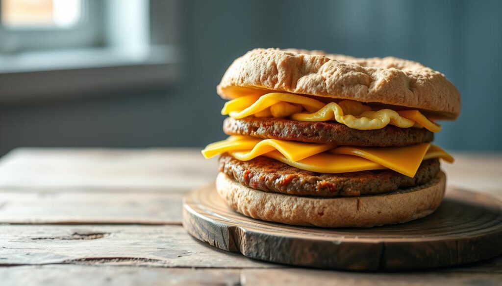 A delectable whole wheat breakfast sandwich assembly, arranged on a rustic wooden surface against a backdrop of soft blue-tinted walls and natural light filtering in. Carefully layered ingredients include fluffy scrambled eggs, savory breakfast sausage patties, and slices of creamy cheddar cheese, all tucked between toasted whole wheat English muffin halves. The composition is designed to showcase the hearty, fiber-rich components in a visually appetizing manner, capturing the essence of a homemade, nutritious morning meal.
