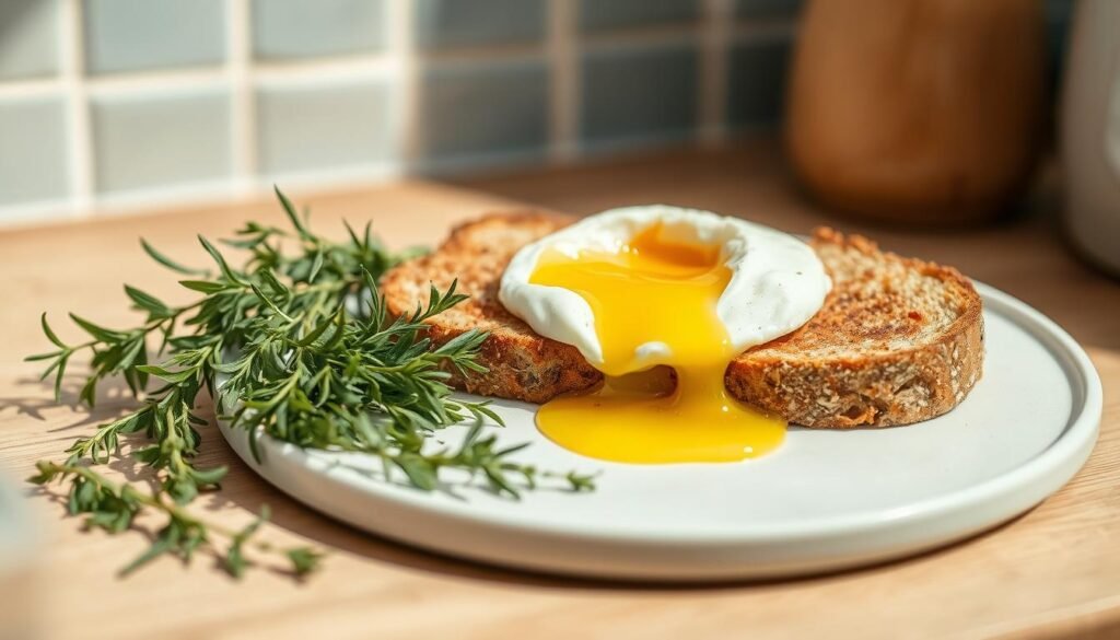 A delicate arrangement of freshly chopped herbs - rosemary, thyme, and parsley - delicately dressed with a drizzle of fragrant olive oil, nestled alongside a perfectly poached egg, its golden yolk gently oozing onto a slice of crisp, whole-grain toast. The image is bathed in soft, natural light, casting a warm glow over the minimalist wooden surfaces and light blue-accented kitchen tiles. The composition is balanced and inviting, drawing the viewer in to savor the flavors and aromas of this nourishing, low-sugar breakfast.