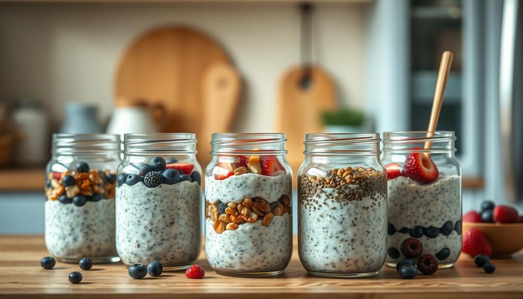 A delicate arrangement of overnight oats in a variety of clear glass jars, each personalized with unique toppings and garnishes to suit different dietary needs. Fresh berries, nuts, chia seeds, and a drizzle of honey create a visually appealing and nutritious display against a backdrop of a cozy, minimal kitchen with wooden textures and light blue accents. Soft, natural lighting illuminates the scene, highlighting the varied colors and textures of the customized overnight oats. The overall mood is one of simplicity, wellness, and a commitment to personalized, healthful eating.