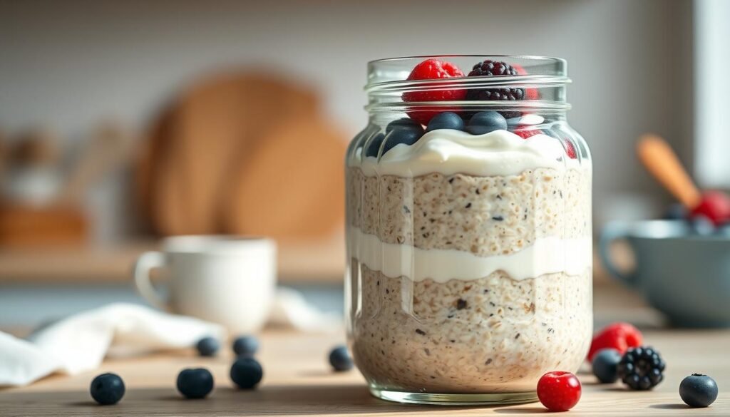 A delicate arrangement of perfectly textured overnight oats, meticulously layered in a clear glass jar. The oats have a soft, creamy consistency, glistening with a hint of condensation. Subtle swirls of natural yogurt or cream, accompanied by a scattering of fresh berries, create a visually appealing and appetizing presentation. Soft, natural lighting filters through the jar, casting a warm glow and emphasizing the layers. The background features a minimal, cozy kitchen setting with wooden textures and light blue accents, allowing the jar of oats to take center stage.