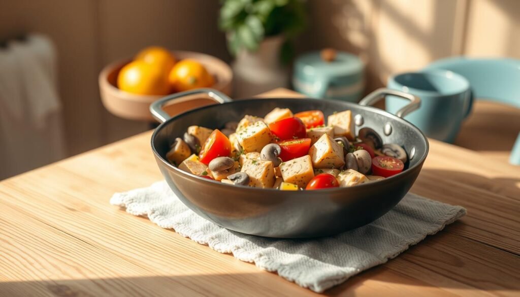 A delicate vegan breakfast skillet presented in a cozy, minimal kitchen setting. Soft-scrambled tofu sizzles alongside fresh vegetables like mushrooms, bell peppers, and cherry tomatoes. Sprinkled with fragrant herbs and spices, the dish exudes an inviting aroma. Warm wooden textures and light blue accents create a serene, homey atmosphere, drawing the viewer into the comforting scene. The skillet is positioned on a rustic wooden table, bathed in soft, natural lighting that accentuates the vibrant colors and textures of the ingredients. This nourishing and flavorful vegan breakfast is the perfect way to start the day.