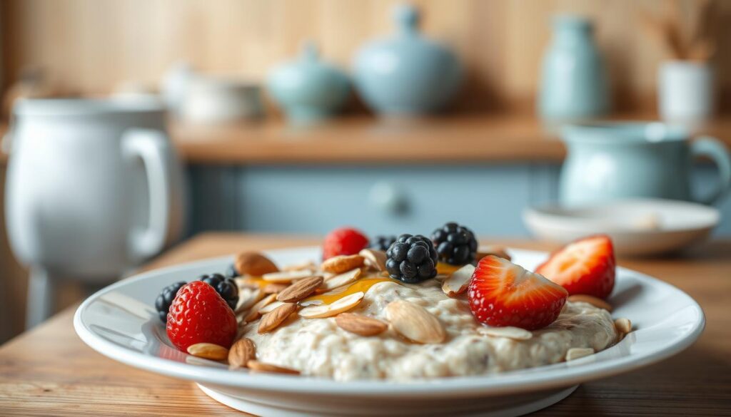 A delicately arranged plate showcases the nutritional breakdown of a hearty serving of overnight oats, set against a cozy kitchen backdrop of warm wooden textures and light blue accents. Meticulously placed ingredients, including sliced almonds, fresh berries, and a drizzle of honey, provide a visually compelling representation of the calorie-controlled recipe's macronutrients. Soft, diffused lighting captures the dish's inviting appearance, inviting the viewer to appreciate the healthful balance of this weight-management-friendly breakfast option.