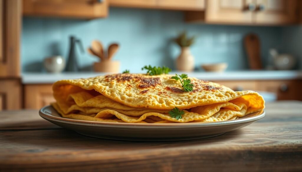 A delicately textured chickpea flour omelette, gently folded and plated on a rustic wooden surface in a cozy, minimal kitchen bathed in soft, warm lighting. The egg-based creation is garnished with a vibrant sprinkle of fresh parsley, evoking a nourishing, dairy-free breakfast option. Wooden cabinets and light blue accents in the background create an inviting, homely atmosphere, while the absence of any distracting elements allows the appetizing omelette to take center stage.