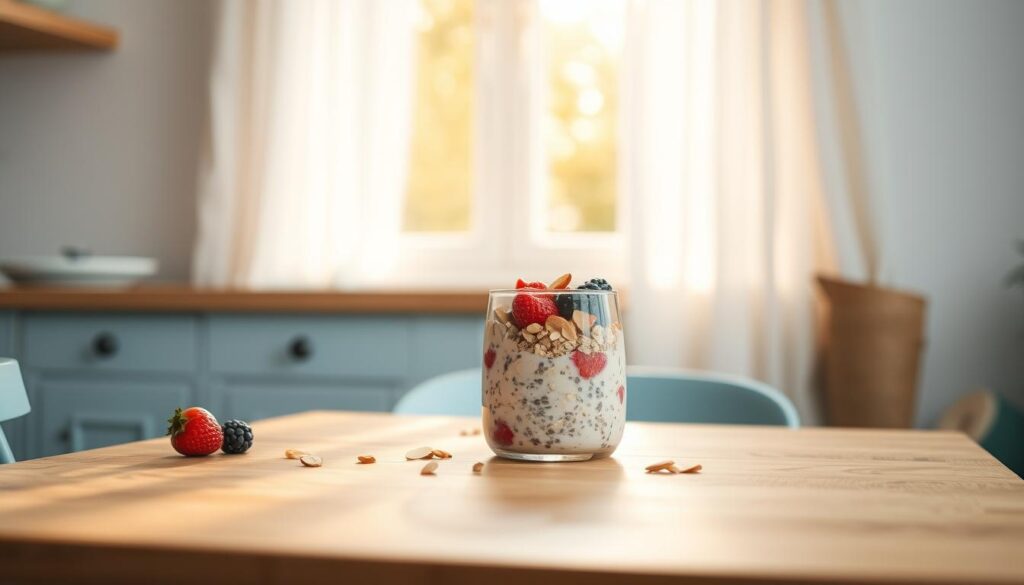 A delicious and nutritious breakfast of overnight oats sits atop a clean, wooden table. The oats, infused with almond milk, chia seeds, and a touch of honey, create a creamy, soft texture, ready to be customized with fresh berries, sliced almonds, and a drizzle of maple syrup. The scene is bathed in warm, natural light that filters through crisp, white curtains, casting a cozy, inviting glow. A simple, minimalist kitchen environment with light blue accents complements the healthy, wholesome feel of the dish.