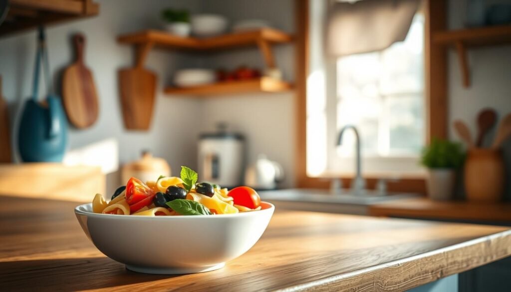 A delightful Italian pasta salad nestled in a cozy, minimal kitchen. The pasta, vibrant with tomatoes, olives, and basil, rests in a simple white bowl, cast in the warm glow of natural light filtering through a nearby window. The wooden textures of the countertop and cabinetry create a rustic, inviting atmosphere, accented by subtle blue hues. The scene exudes a sense of simplicity and homemade goodness, perfect for a no-heat lunchbox meal that celebrates the flavors of Italy.