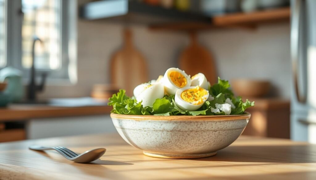 A delightful arrangement of homemade egg salad, with soft-boiled eggs nestled atop a bed of crisp greens and served in a rustic ceramic bowl. The kitchen is bathed in warm, natural light, casting a cozy glow over the scene. The wooden textures and light blue accents create a calming, minimalist atmosphere that invites you to savor the simple pleasure of a nourishing, cold lunch. The perfect midday pick-me-up to boost productivity and keep you energized throughout the workday.
