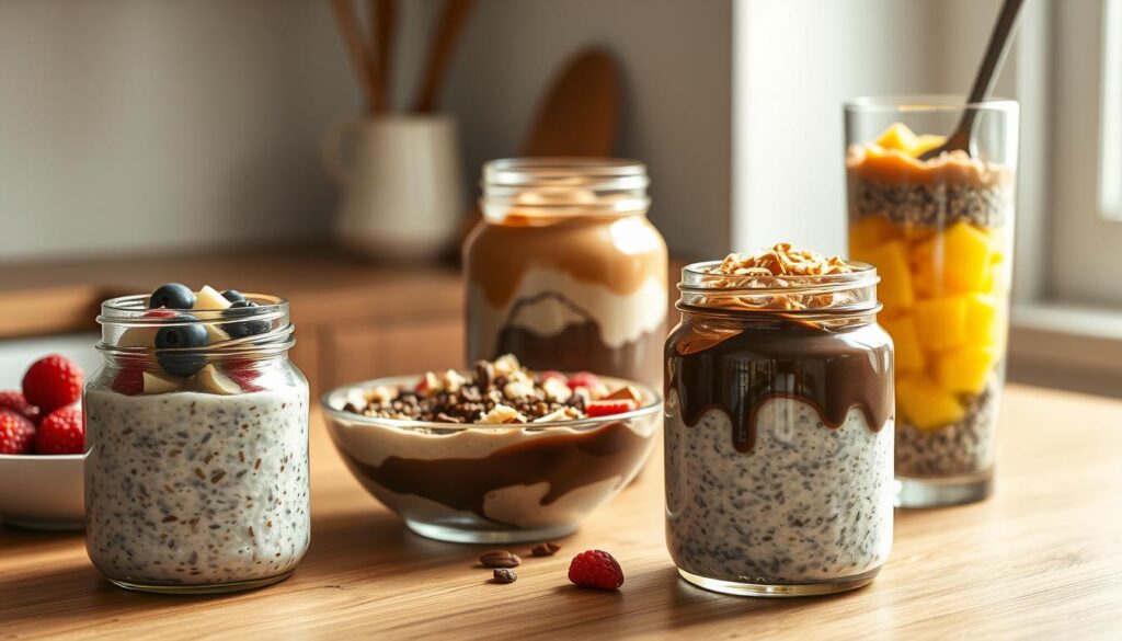 A delightful arrangement of overnight oat variations on a wooden kitchen counter, showcasing a variety of toppings and mix-ins. In the foreground, a glass jar of classic vanilla-infused overnight oats, topped with fresh berries, sliced almonds, and a drizzle of honey. Beside it, a bowl of chocolate-swirled oats garnished with cacao nibs and shredded coconut. In the middle ground, a mason jar filled with peanut butter and banana overnight oats, sprinkled with crushed graham crackers. In the background, a tall glass of overnight oats with layers of chia seed pudding and diced mango. The scene is bathed in soft, natural lighting, enhancing the cozy, inviting atmosphere of the minimal kitchen setting.