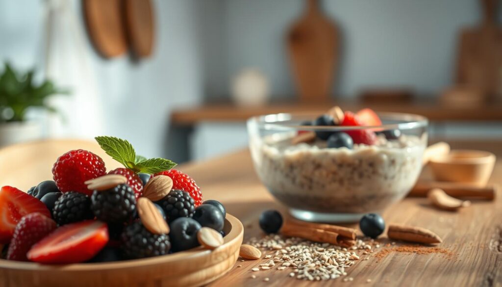 A delightful arrangement of overnight oats toppings, showcased in a cozy, minimal kitchen setting. In the foreground, an assortment of fresh berries, sliced almonds, and a drizzle of honey glistens under soft, diffused lighting. In the middle ground, a bowl of creamy, oat-based porridge sits atop a wooden table, surrounded by scattered chia seeds and a sprinkle of cinnamon. The background features a subtle light blue accent wall, complementing the natural textures and creating a warm, inviting atmosphere. Captured with a wide-angle lens, this image captures the essence of a healthy, satisfying overnight oats experience.