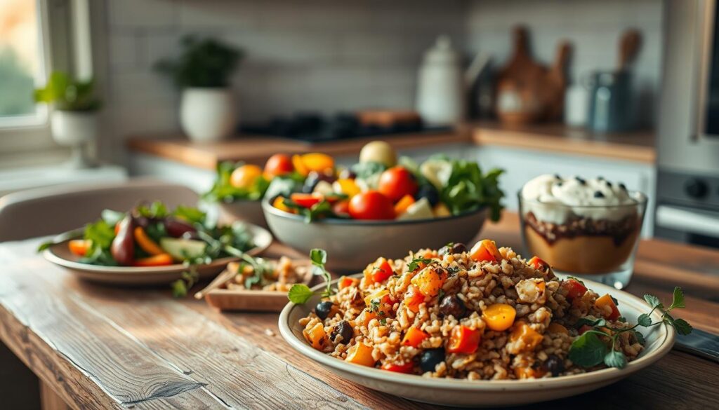A delightful arrangement of plant-based dishes, beautifully presented on a rustic wooden table in a cozy, minimal kitchen. Vibrant vegetables, aromatic herbs, and a harmonious blend of sweet and savory flavors take center stage, bathed in warm, soft lighting. In the foreground, a hearty grain-based dish with roasted root vegetables, complemented by a refreshing salad in the middle ground. In the background, a tempting dessert featuring baked fruit and a creamy, dairy-free topping. The overall atmosphere is one of balance, comfort, and a celebration of the vibrant flavors of nature.